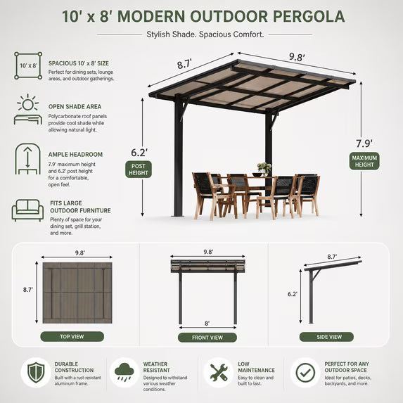 Dateyes 10'x8' Freestanding Hardtop Gazebo Pergola Heavy Duty Patio Carport with Multi Wall Polycarbonate Roof, Wall Mounted Awning for Decks, Weatherproof & Low Maintenance