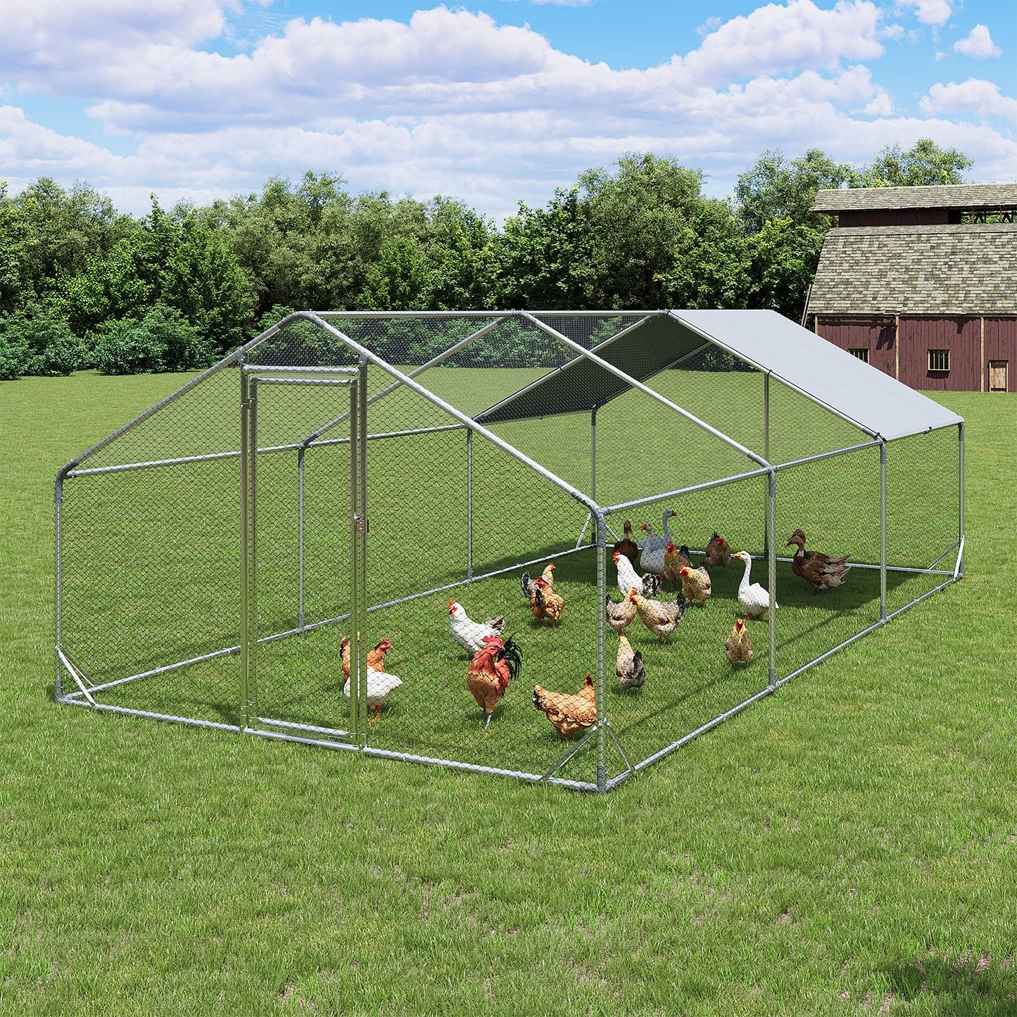 Sunmthink Heavy Duty Metal Chicken Coop Poultry Cage, Large Outdoor Yard Walk-in Enclosure with Waterproof Flat Roof Cover (9.8' L x 19.7' W x 6.4' H)