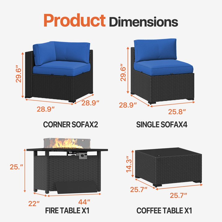 Dateyes 8-Piece Patio Furniture Set with Fire Pit, All-Weather Wicker Rattan Outdoor Sectional Sofa Set with Coffee Table (Navy Blue)