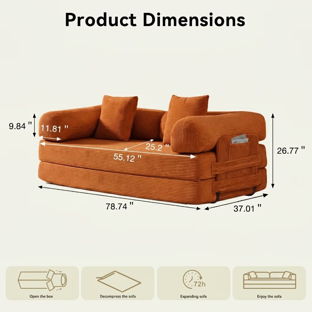 Dateyes Sofa Bed Convertible Boneless Couch Corduroy Modular Couch Bed with Fixed-Shape Frame & Removable Armrests for Living Room, Bedroom Orange