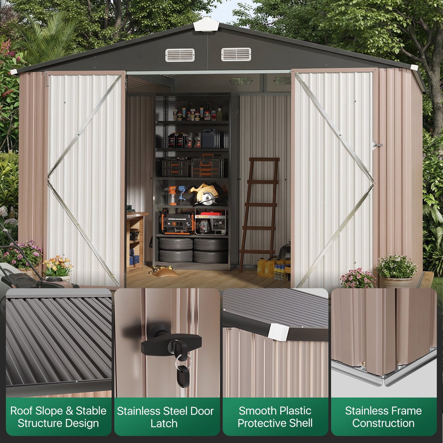 Clouddwell 10 x 8 FT Shed Outdoor Storage Shed with Double Hinged Large Door, Large Metal Shed with Lockable Door & Sloped Roof for Garden, Patio and Backyard, Brown