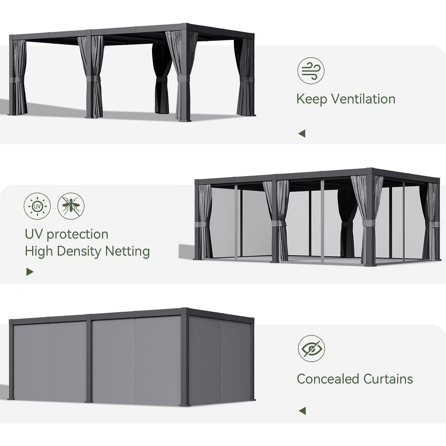 Sunmthink 12' x 20' Louvered Pergola, Outdoor Aluminum Pergola with Curtains & Netting for Decks, Gardens and Backyards, Gray