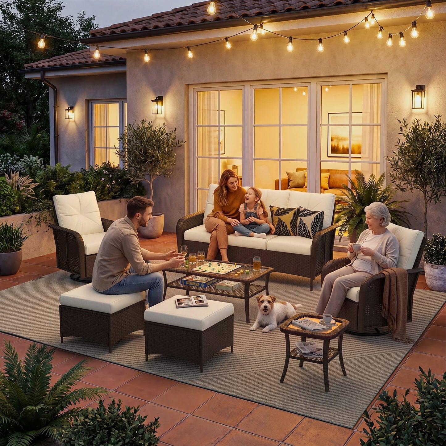 Sunmthink 7-Piece Patio Furniture Set, High Back Swivel Rocker Chairs with Thick Cushions, Wicker Rattan Outdoor Sectional Sofa with Coffee Table & Ottoman, Beige