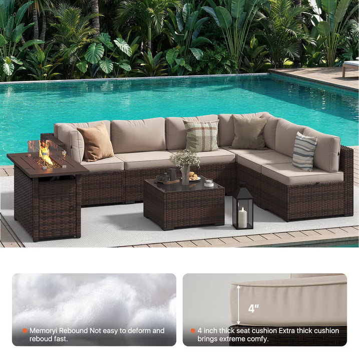 Dateyes 8-Piece Outdoor Patio Furniture Set with 44" Fire Pit Table, All-Weather Wicker Rattan Sectional Sofa with Coffee Table & Cover (Off-White)