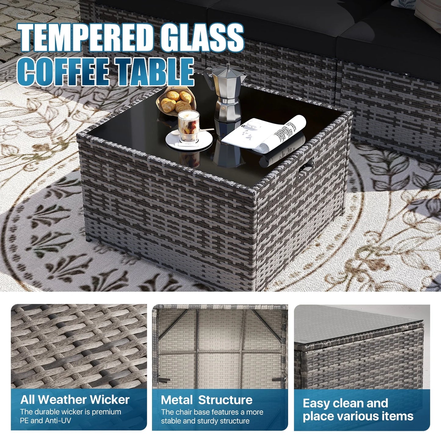 Sunmthink Patio Furniture Sets, 11-Piece Outdoor Patio Furniture with Thick Cushions, Wicker Outdoor Conversation Set and Waterproof Cover for Backyard, Poolside, Garden