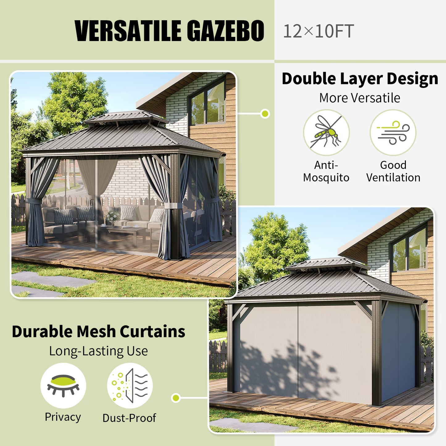 Clouddwell 12' x 20' Hardtop Gazebo with Double Roof, Aluminum Frame Outdoor Patio Gazebo with Netting & Curtains, Metal Roof Canopy with Built-in Drainage System