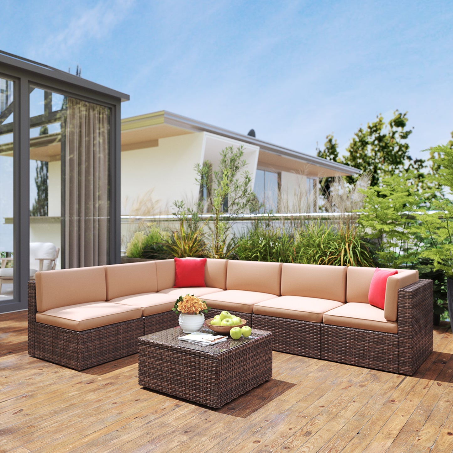 Clouddwell Serenity 7-Piece L-Shaped Rattan Sofa Set with Coffee Table Brown