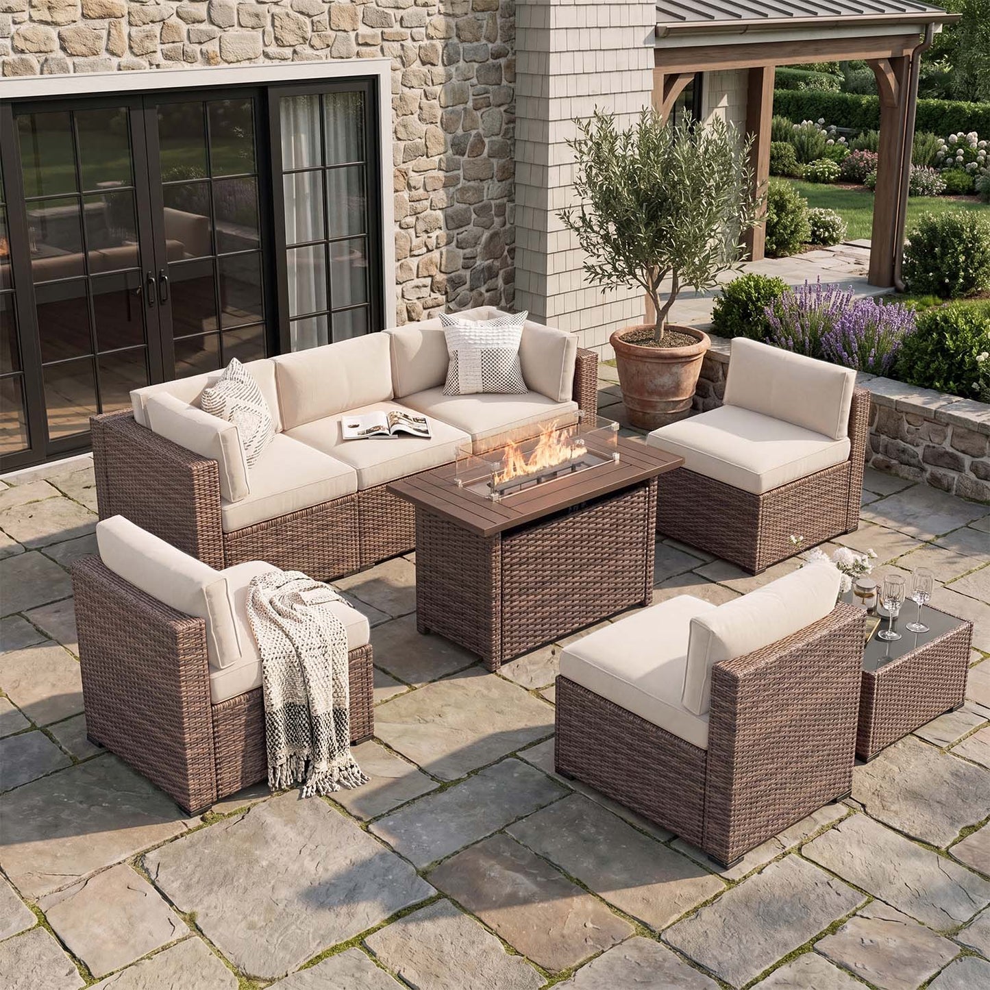 Clouddwell 8 Piece Outdoor Patio Furniture Set, Wicker Rattan Patio Sectional Sofa Sets with Fire Pit Table, Off White