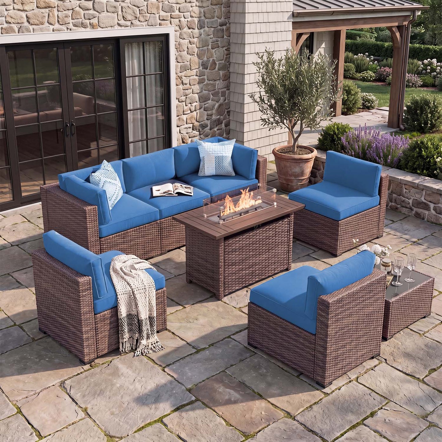 Clouddwell 8 Piece Outdoor Patio Furniture Set, Wicker Rattan Patio Sectional Sofa Sets with Fire Pit Table, Navy Blue