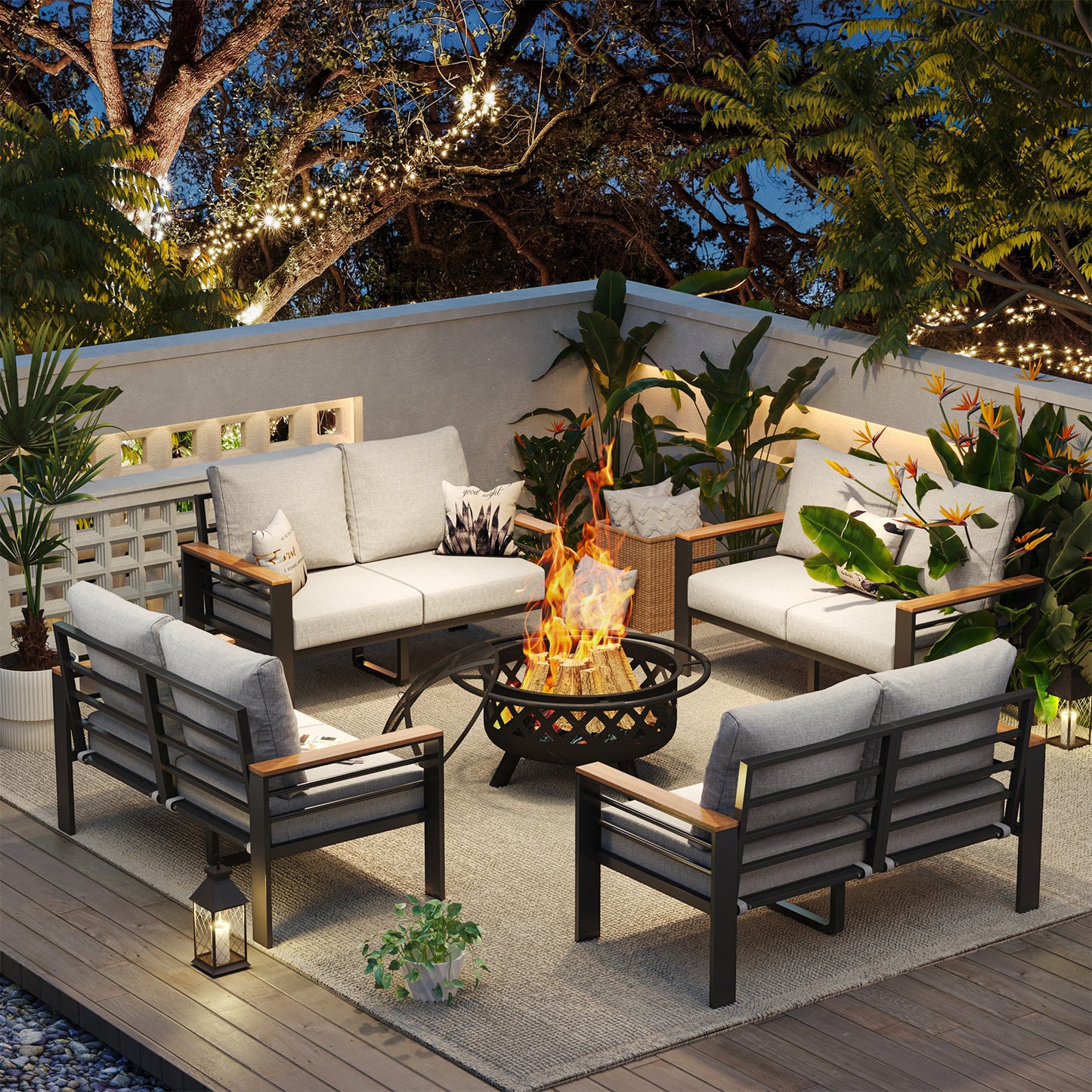 Clouddwell Light Grey Aluminum 4-Piece Chair Set with Natural Wood Accent Fire Pit