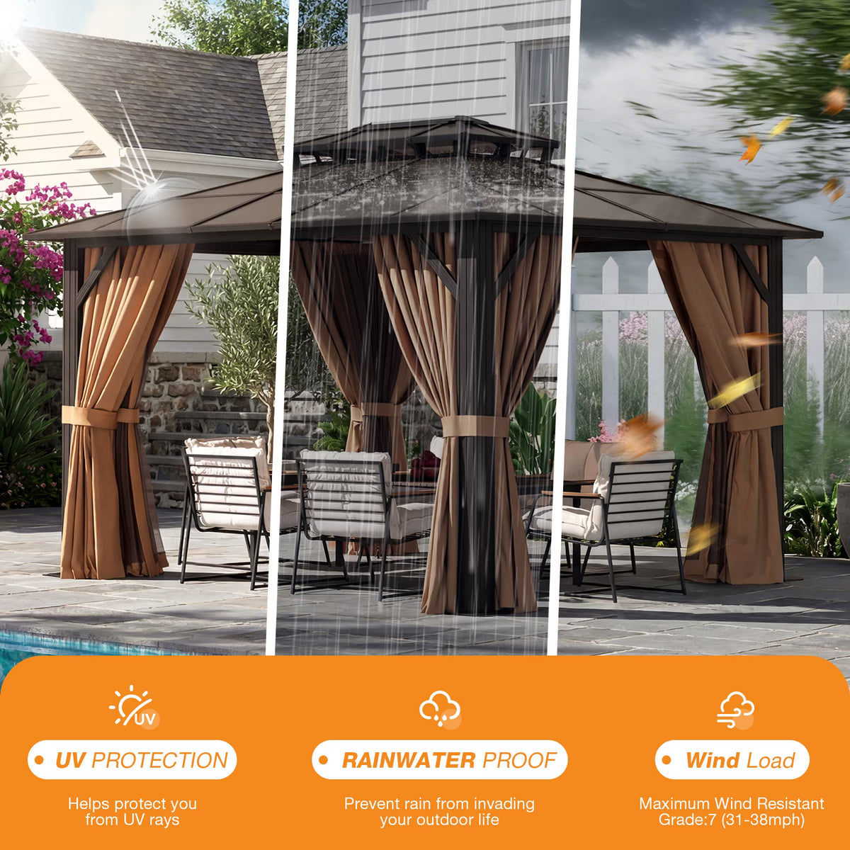 Dateyes 10'x12' Hardtop Gazebo - Polycarbonate Double Roof,Outdoor Permanent Pavilion with Curtains and Mosquito Netting for Patio, Backyard,Brown