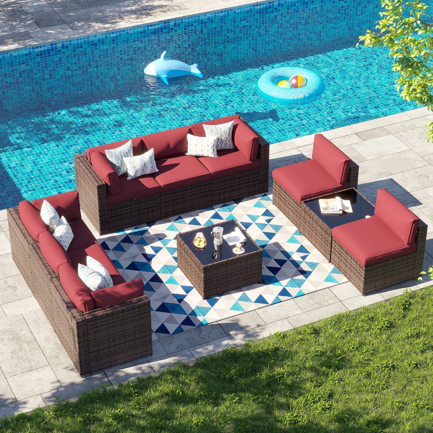 Clouddwell Nexus 11-Piece Modular Rattan Set with Accent Tables Brown-Red