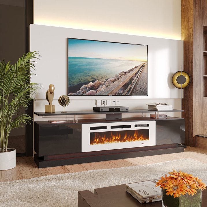 Sonegra Modern Fireplace TV Stand for TVs Up to 80" with Music Sync LED, 70" Entertainment Center with Electric Fireplace, TV Console with Storage Cabinets for Living Room, Black