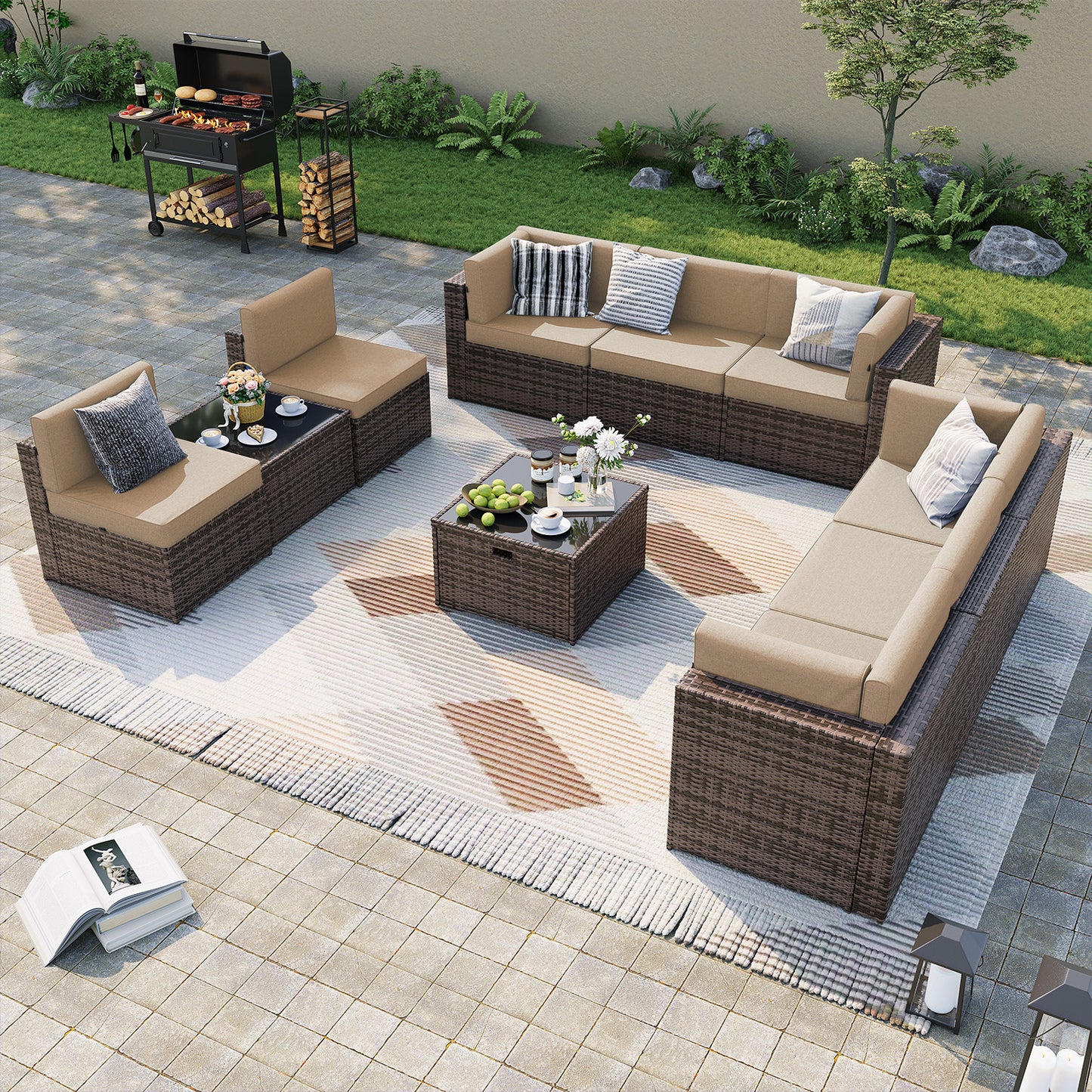 Clouddwell Nexus 11-Piece Modular Rattan Set with Accent Tables Brown-Beige