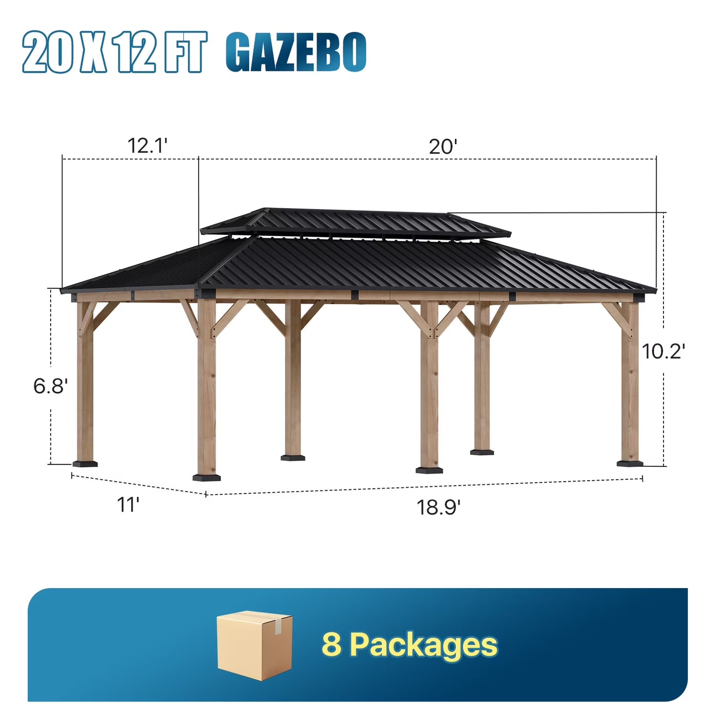 Sunmthink 12'x20' Outdoor Hardtop Gazebo, Cedar Wood Pavilion with Galvanized Steel Double Roof, for Patio, Garden, Deck