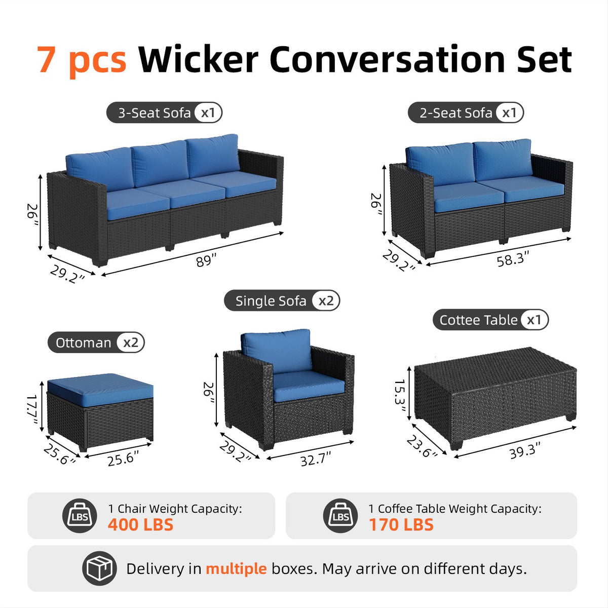 Dateyes 9 Seats Patio Furniture Set, Rattan Wicker Outdoor Conversation Sectional Sofa Set with Storage Coffee Table and Waterproof Cover,Blue