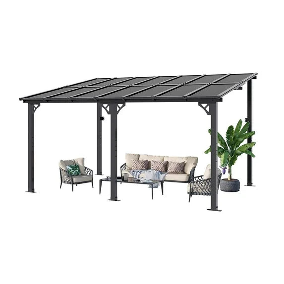 Clouddwell 14'x 10' Wall-Mounted Gazebo Pergola with Aluminum Top Frame & Polycarbonate Panel, Large Heavy-Duty Awnings for Backyard Black