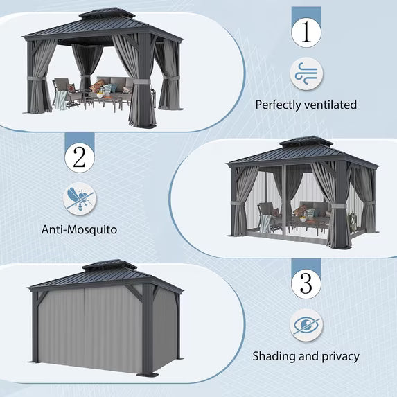 Clouddwell 10' x 12' Aluminum Gazebo with Double Roof, Hardtop Outdoor Gazebo with Galvanized Steel for Garden, Deck, Pool