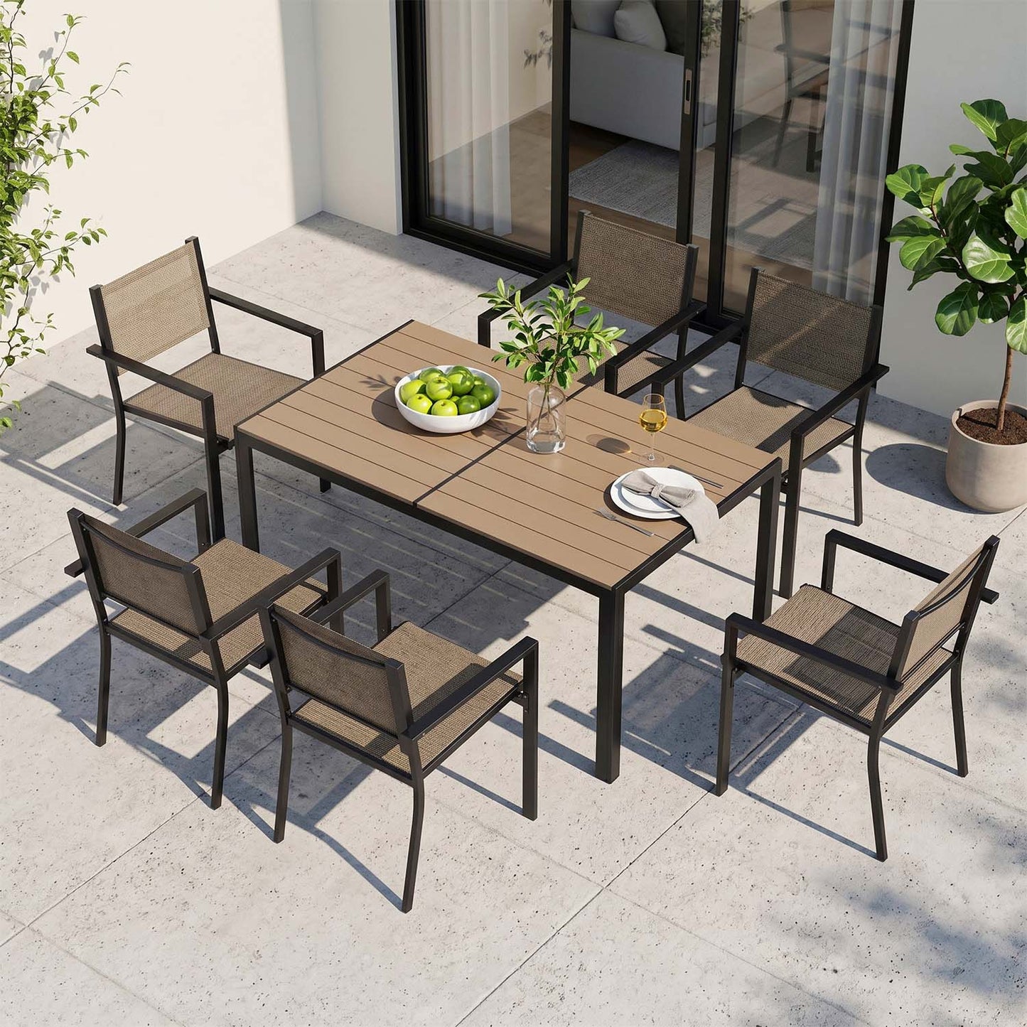 Clouddwell 7-Piece Outdoor Patio Dining Set 6‑Person, Heavy‑Duty Metal Frame Rectangular Table & Stackable Sling Chairs for Backyard Garden Deck, Warm Gray