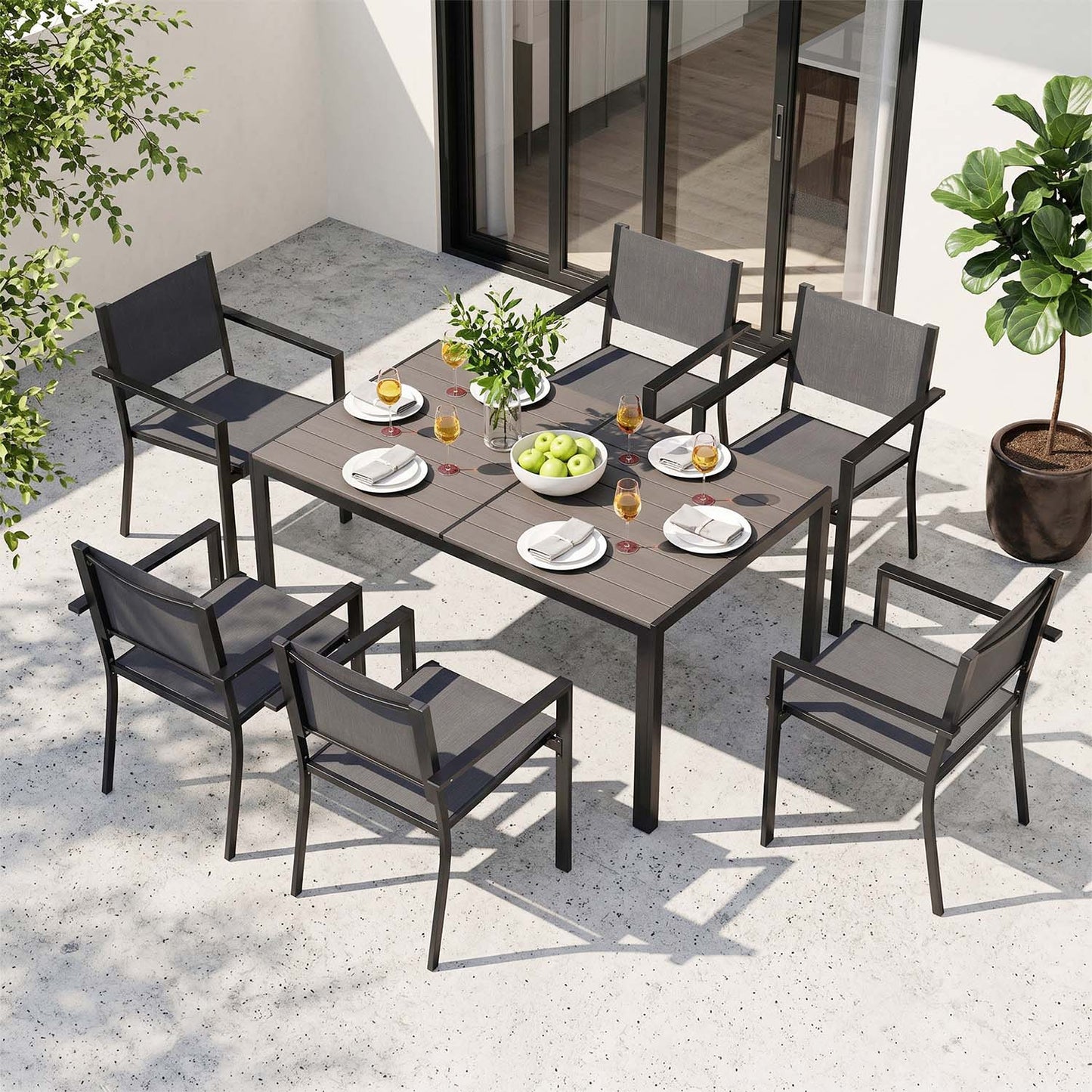Clouddwell 7-Piece Outdoor Patio Dining Set 6‑Person, Heavy‑Duty Metal Frame Rectangular Table & Stackable Sling Chairs for Backyard Garden Deck, Dark Gray