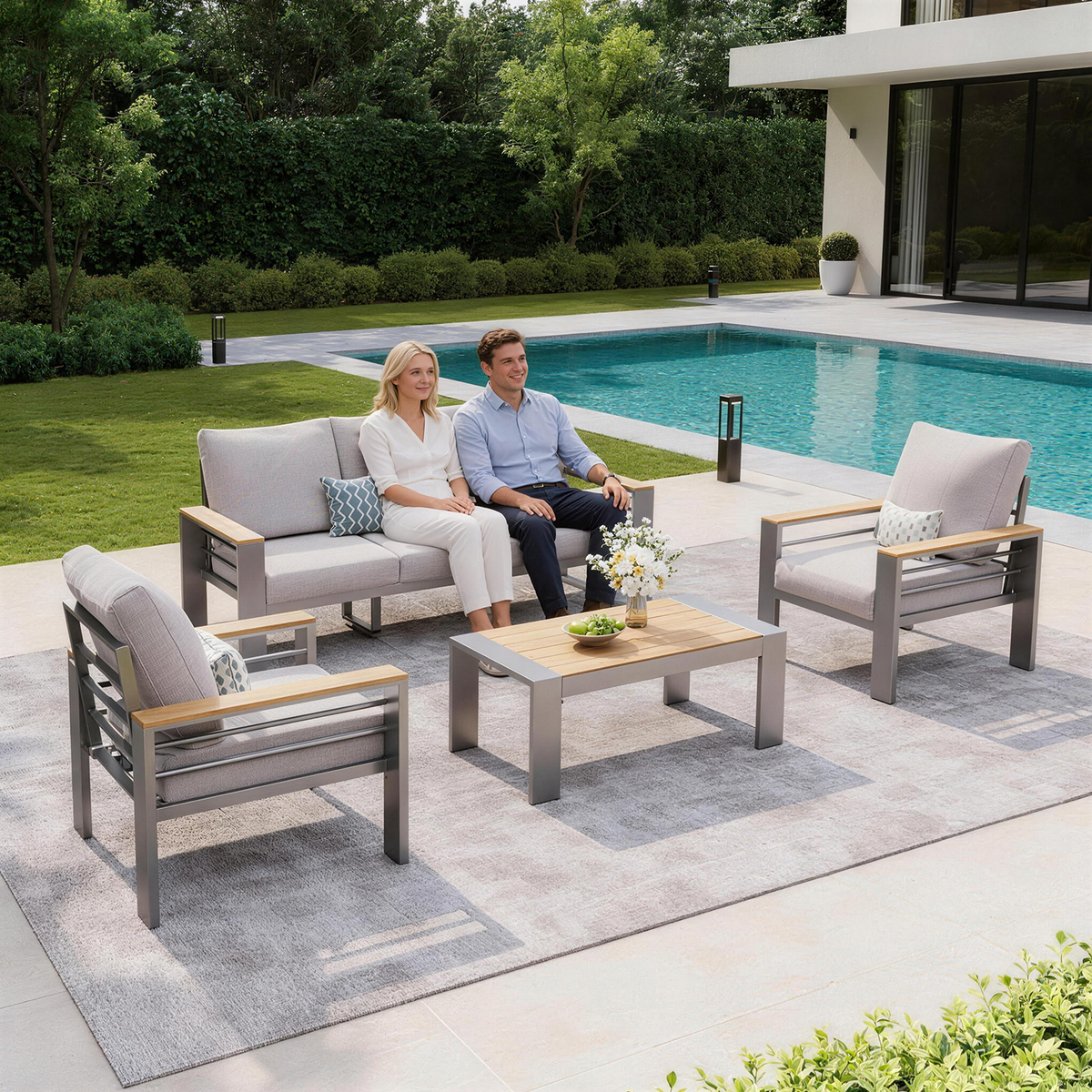 LazySunsets 4 Piece Aluminum Patio Furniture Set, 5-Seat Oversized Outdoor Sectional, Light Gray