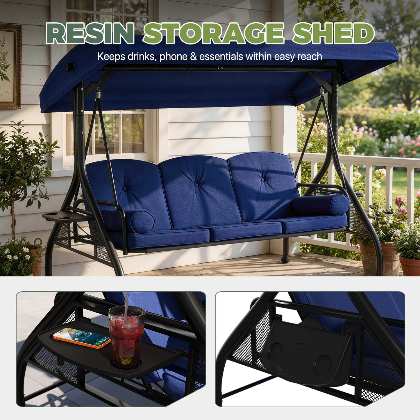 Clouddwell Outdoor Porch Swing with Stand and Canopy, 3-Seat Porch Swing with Stand for Garden, Yard & Balcony, Blue