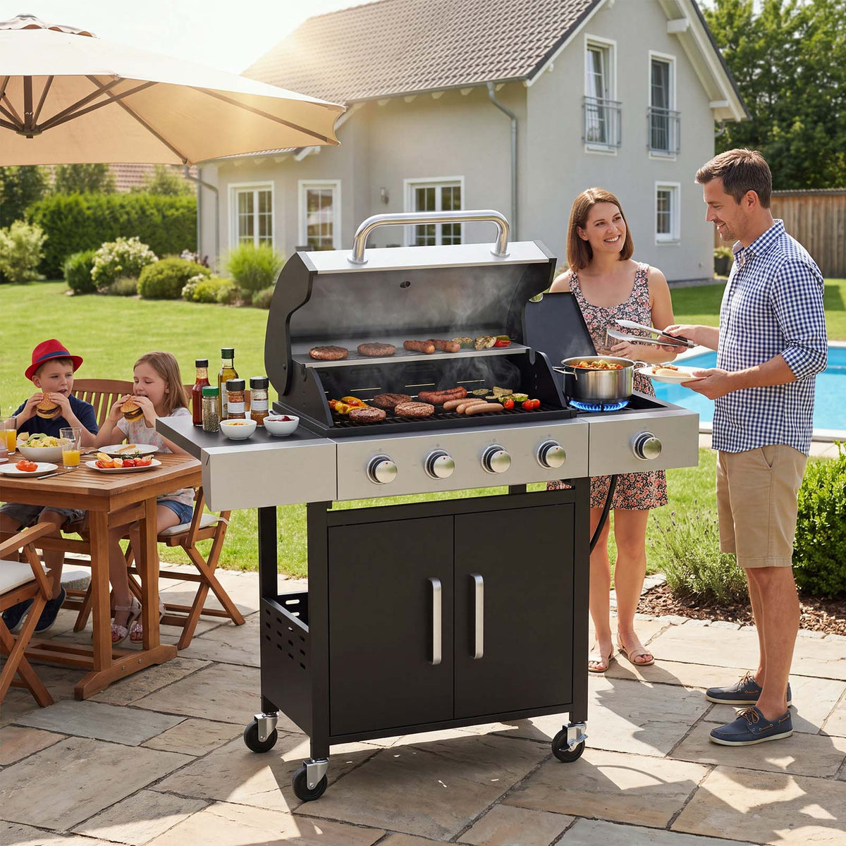 LazySunsets 4 Burner Gas Propane Grill, with 4 Casters, Side Table, and Thermometer, Patio Garden BBQ Grill Perfect for Camping, Black