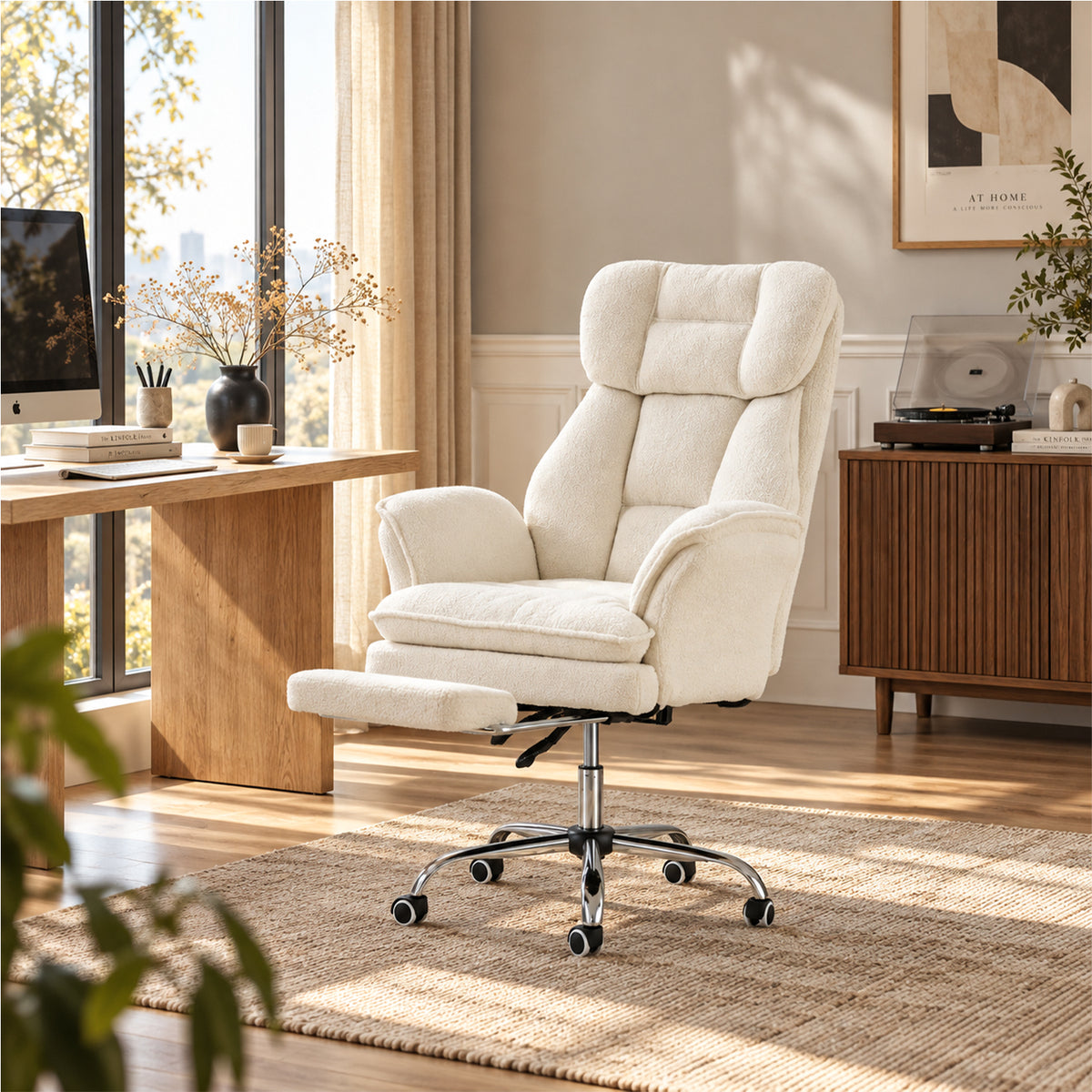 Dateyes Teddy Fleece High Back Executive Office Chair with Retractable Footrest, Adjustable Reclining Swivel Desk Chair for Home Office, White