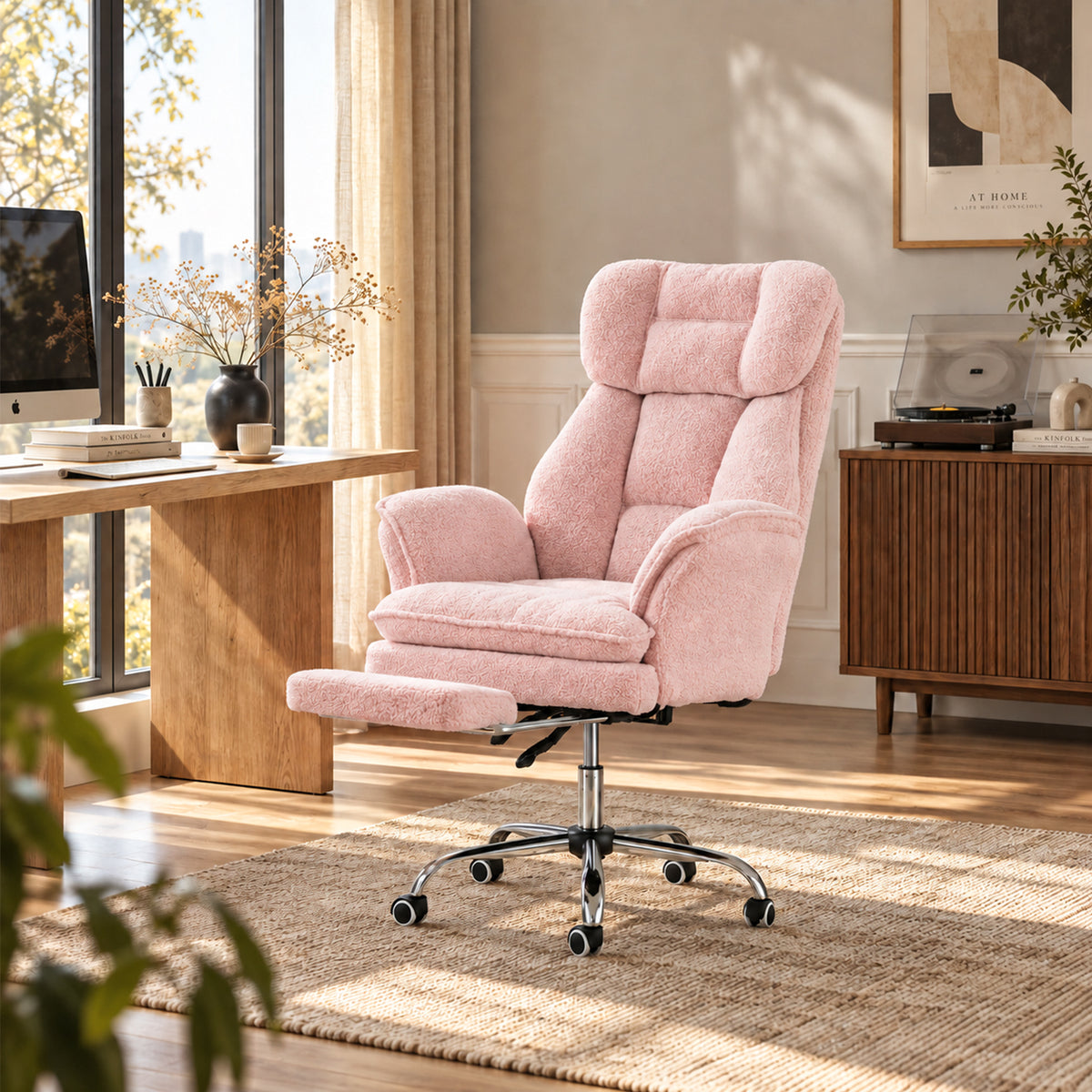 Dateyes Teddy Fleece High Back Executive Office Chair with Retractable Footrest, Adjustable Reclining Swivel Desk Chair for Home Office, Pink