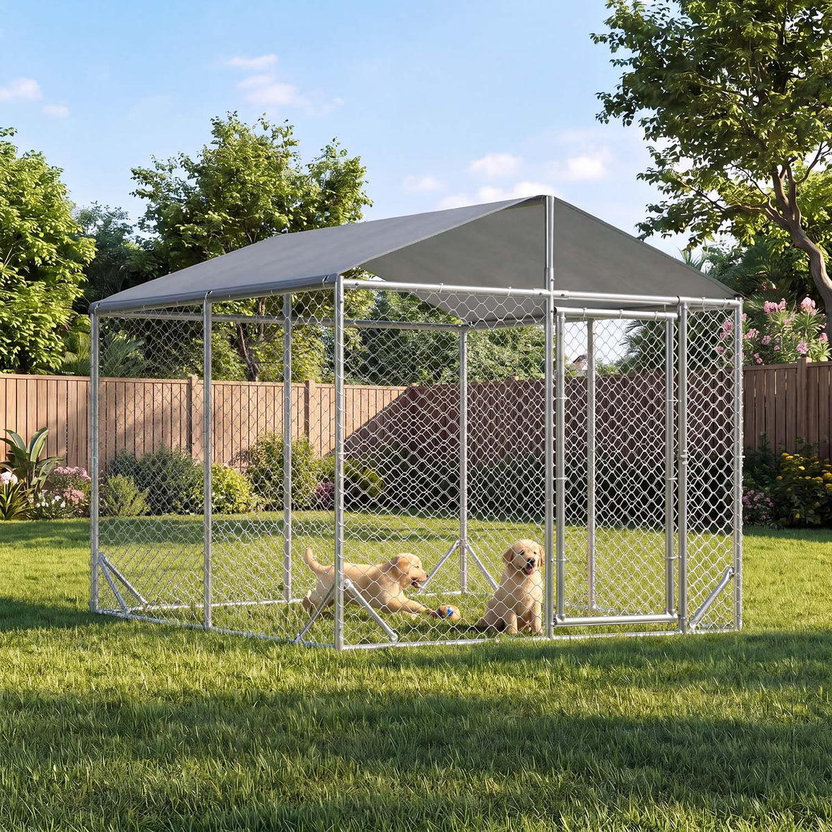 Clouddwell 6.5 ft x 6.5 ft Heavy Duty Outdoor Dog Kennel, Large Metal Chain Link Dog Cage with Waterproof Roof, Walk-in Pet Dog Run House for Backyard Garden