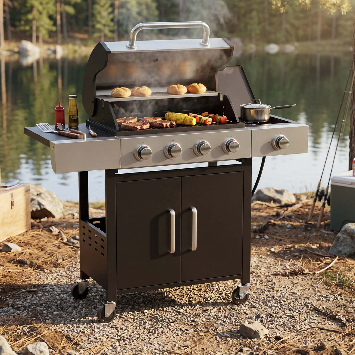 LazySunsets 4 Burner Gas Propane Grill, with 4 Casters, Side Table, and Thermometer, Patio Garden BBQ Grill Perfect for Camping, Black