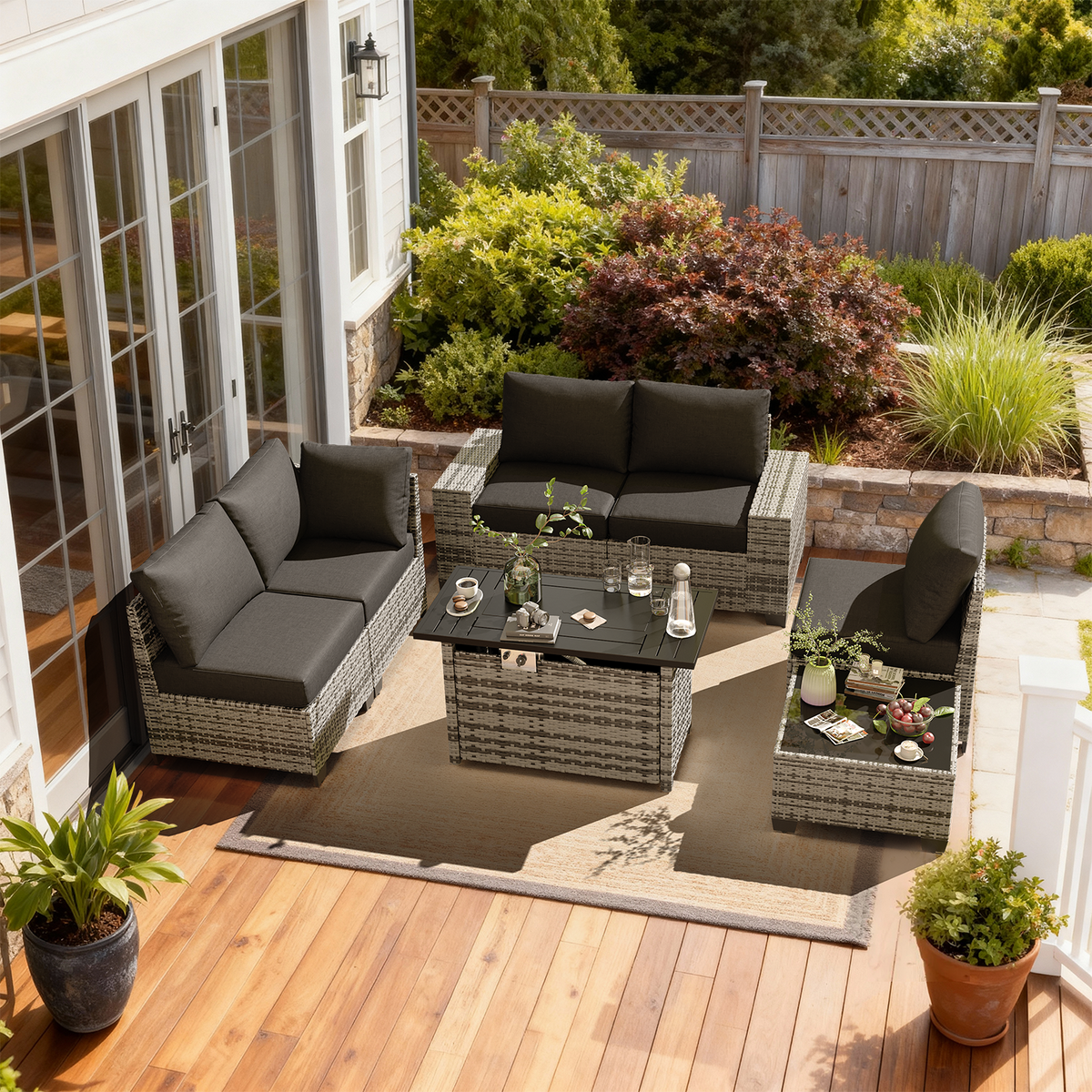 LazySunsets 7 Piece Outdoor Patio Wicker Conversation Set, Gray Rattan Sofa with Black Cushions, Coffee Table & Fire Pit Table