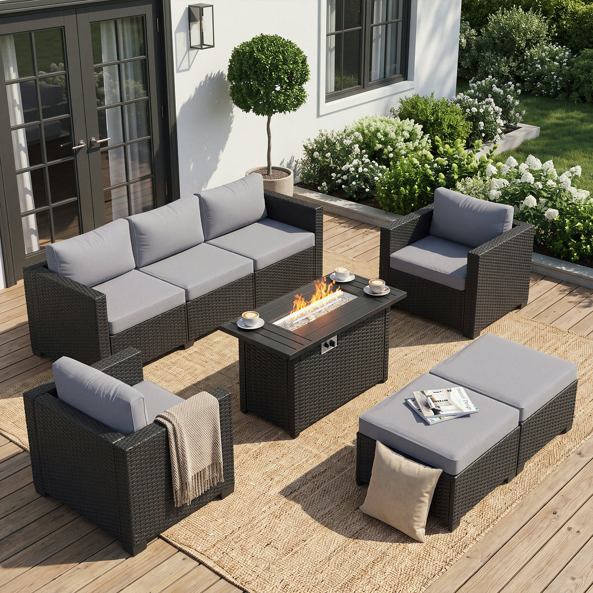Dateyes 6 Pieces Outdoor Wicker Patio Furniture Set with Propane Fire Pit Table, 5‑Seater Rattan Sectional Sofa Conversation Set with Cushions for Backyard Garden,Gray