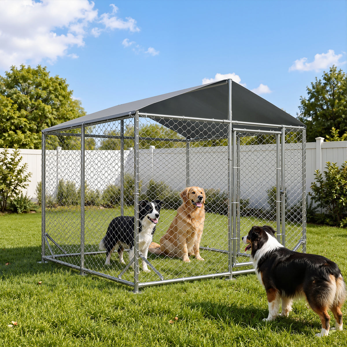 LazySunsets 6.5 ft x 6.5 ft Heavy Duty Outdoor Dog Kennel, Large Metal Chain Link Dog Cage with Waterproof Roof, Walk-in Pet Dog Run House for Backyard Garden