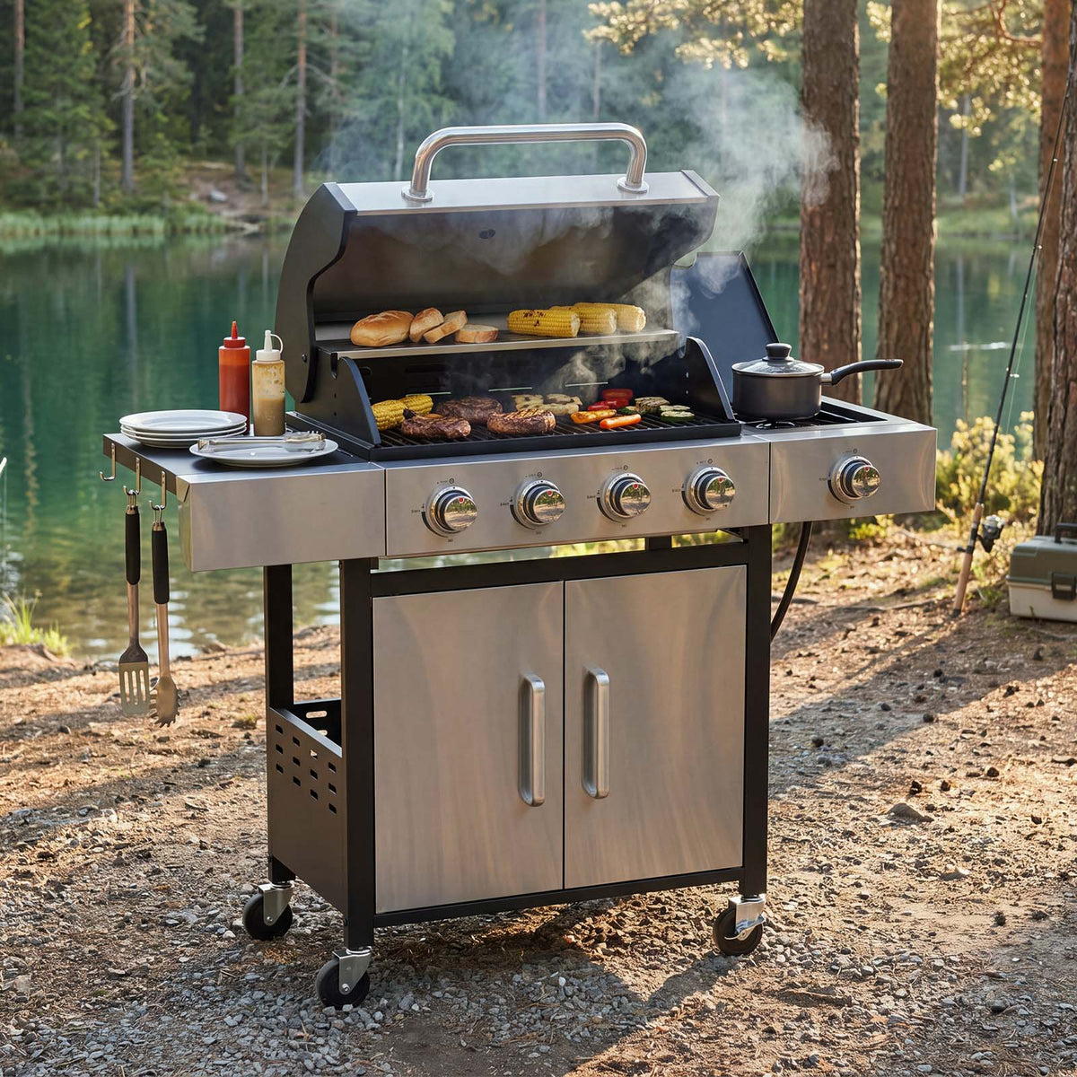 LazySunsets 4 Burner Gas Propane Grill, with 4 Casters, Side Table, and Thermometer, Patio Garden BBQ Grill Perfect for Camping, Black and Silver
