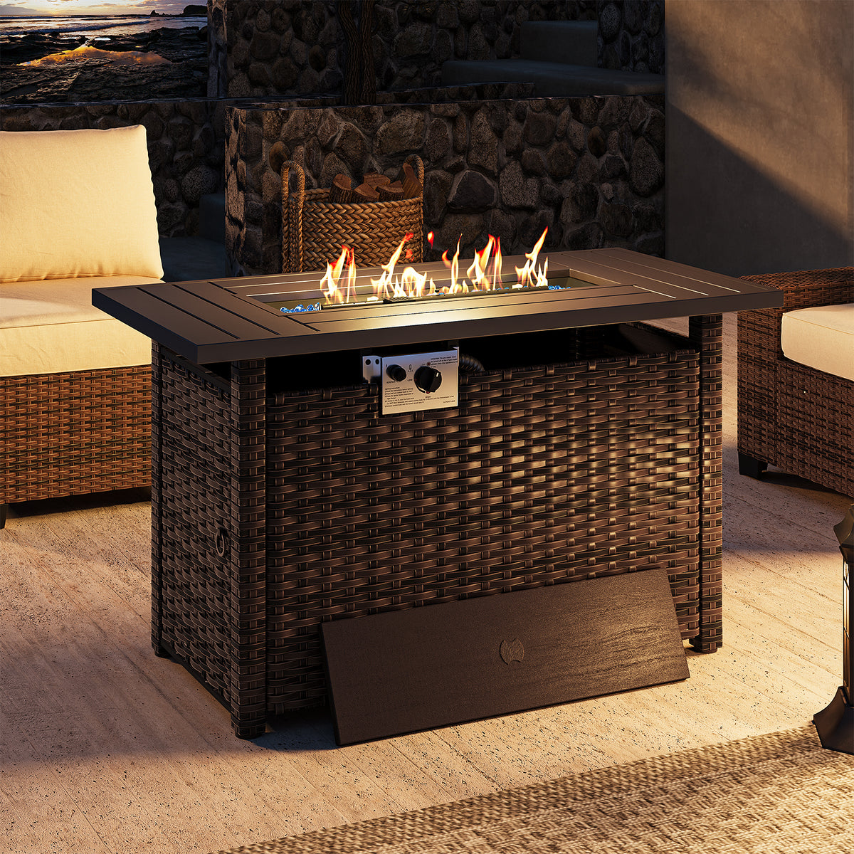 LazySunsets 44 Inch Brown Wicker Propane Fire Pit Table, Rectangular 50,000 BTU Outdoor Gas Fire Table with Tank Storage Lid for Patio Backyard Deck
