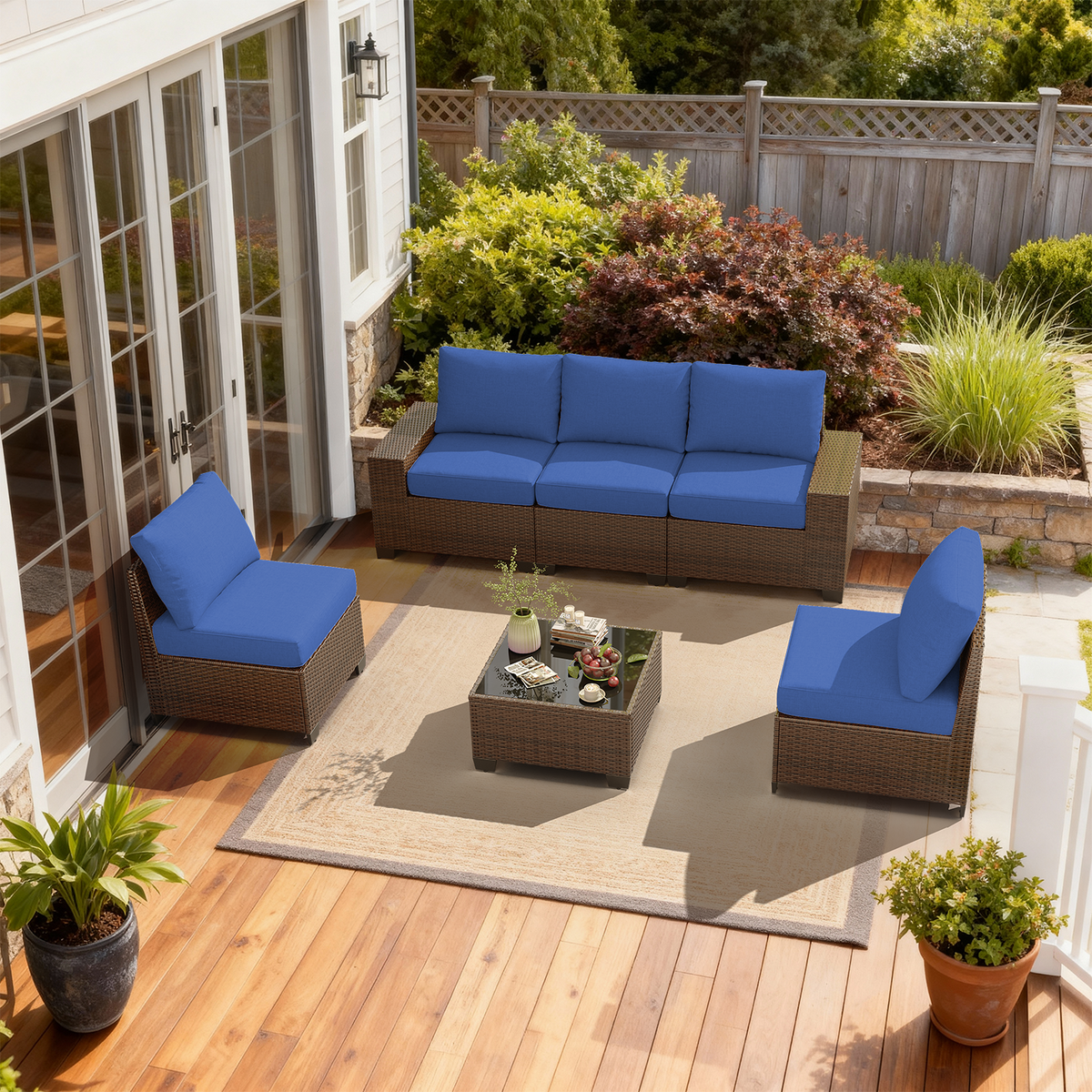 LazySunsets 6 Pieces Outdoor Wicker Patio Furniture Set, Navy Blue Cushion Rattan Sectional Conversation Sofa with Glass Coffee Table, All Weather Backyard Porch Patio Set