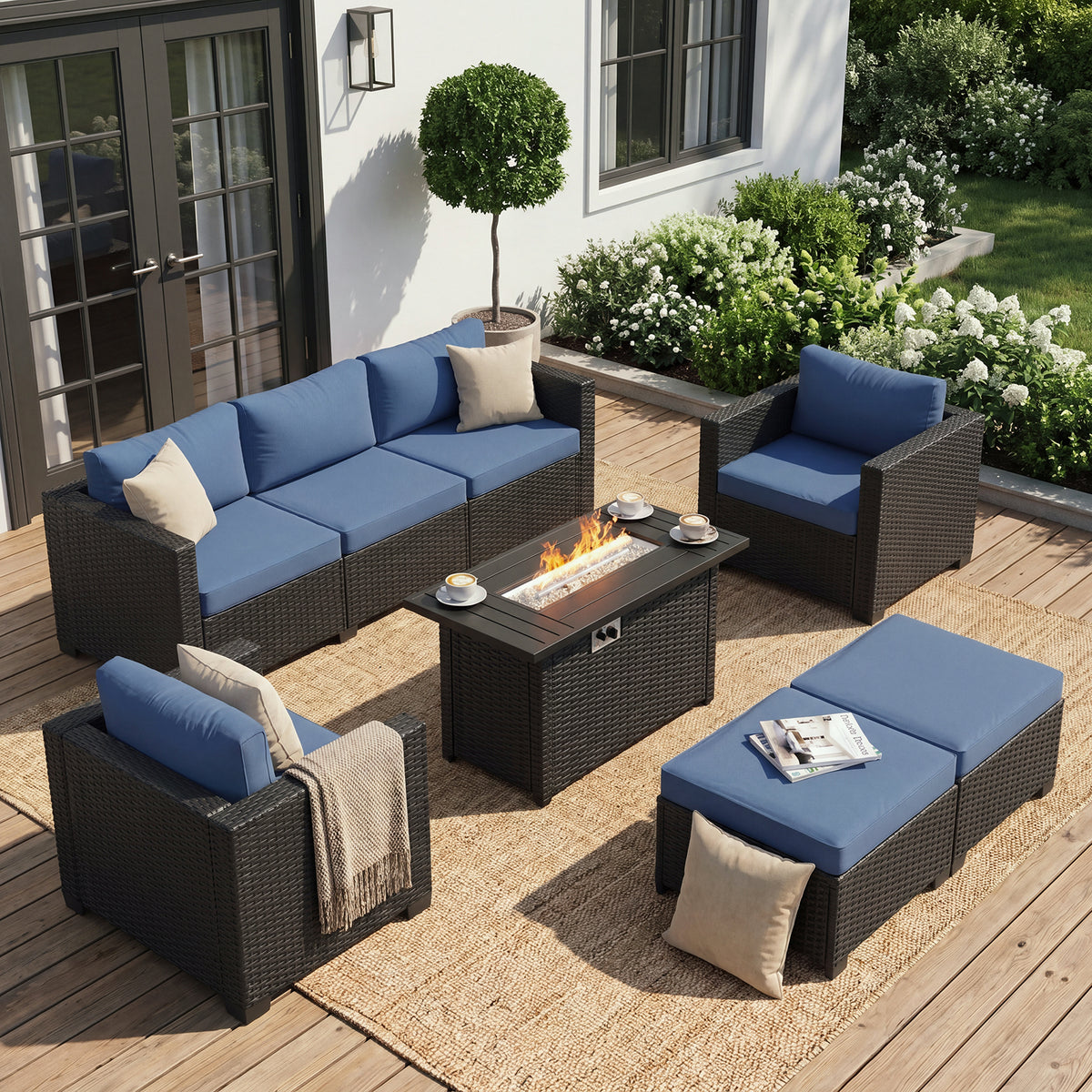 Dateyes 6 Pieces Outdoor Wicker Patio Furniture Set with Propane Fire Pit Table, 5‑Seater Rattan Sectional Sofa Conversation Set with Cushions for Backyard Garden,Blue