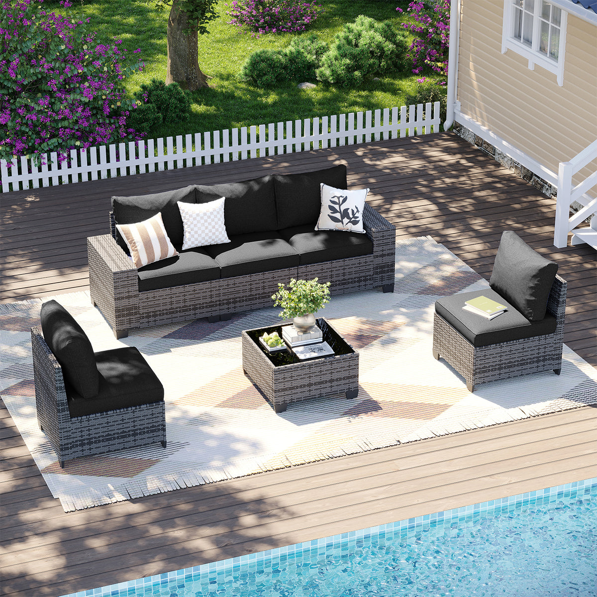 LazySunsets 6 Piece Outdoor Patio Wicker Conversation Set, Gray Rattan Sectional Sofa with Black Cushions & Coffee Table