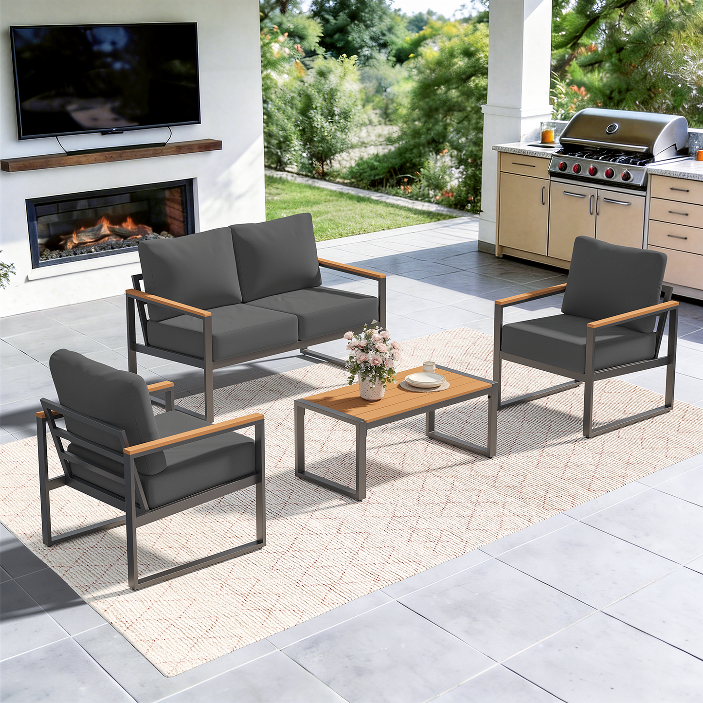 CLOUDDWELL 4-Piece Metal Weatherproof Outdoor Conversation Sets with 4 Thick Cushions, Gray