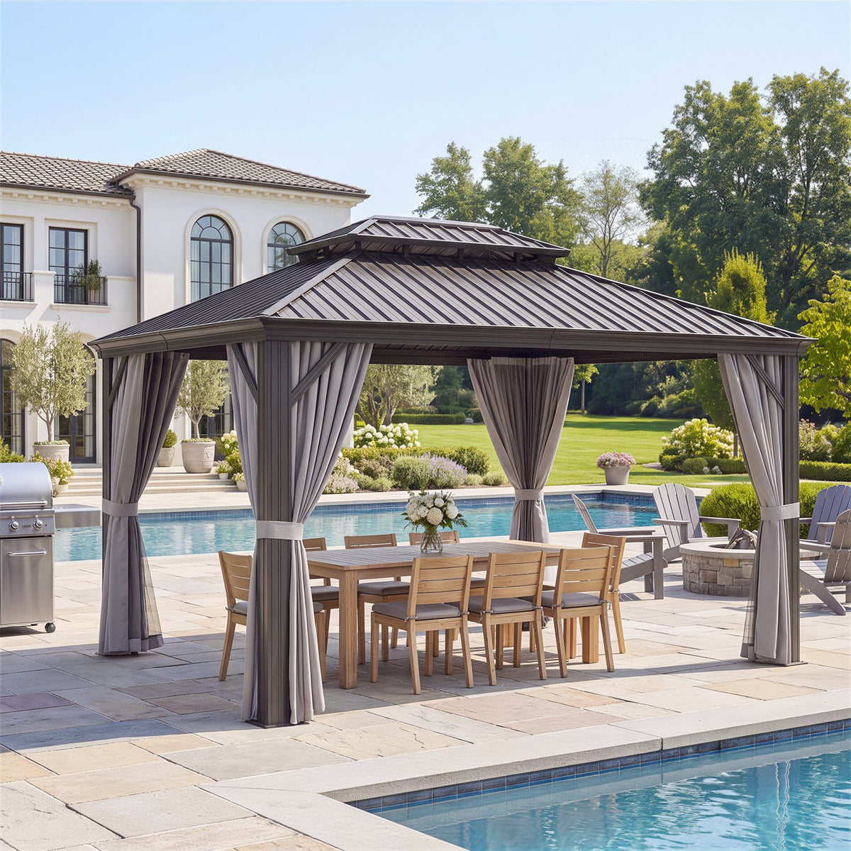 Sunmthink 12' x 16' Outdoor Hardtop Gazebo, Galvanized Steel Double Roof Gazebo with Curtain and Netting