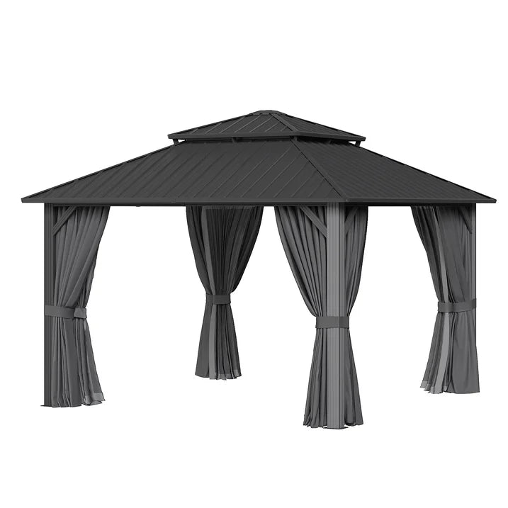 Sunmthink 12' x 12' Hardtop Gazebo with Mosquite Netting, Double Metal Roof for Lawn and Garden, Gray