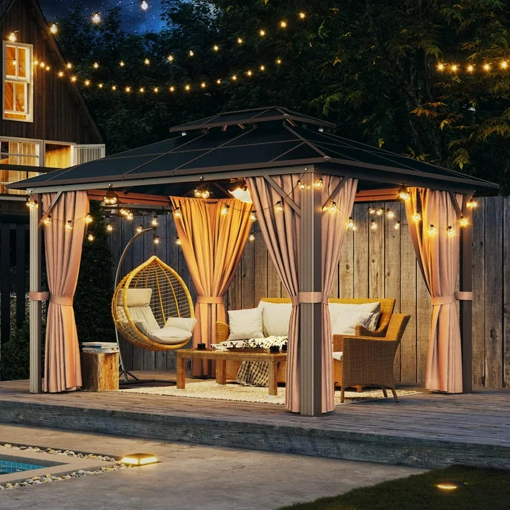 Aoxun 10 ft. x 12 ft. Hardtop Gazebo, Double Polycarbonate Roof Aluminum Frame Gazebo W/Curtain and Netting, Brown