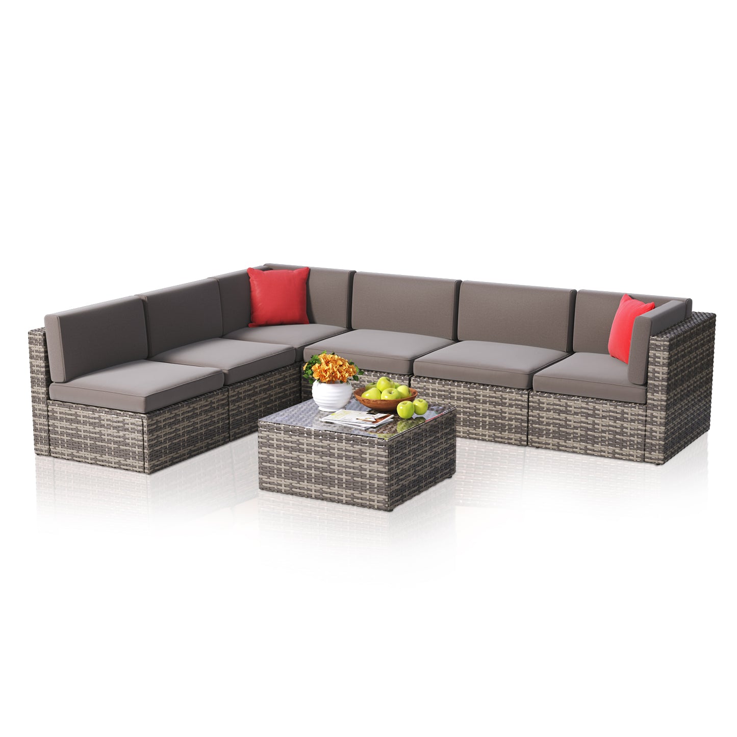 Clouddwell Serenity 7-Piece L-Shaped Rattan Sofa Set with Coffee Table Gray