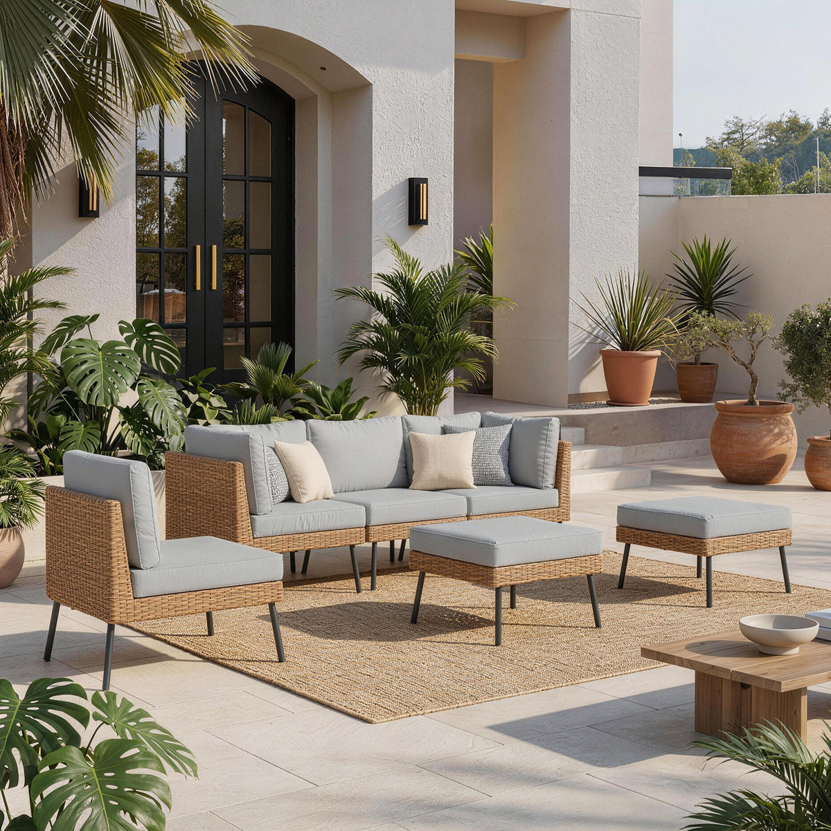 LazySunsets 6-Piece Light Gray All Weather Wicker Patio Sectional Conversation Set with Ottoman, Thick Water Resistant Cushions for Backyard Poolside Porch Garden