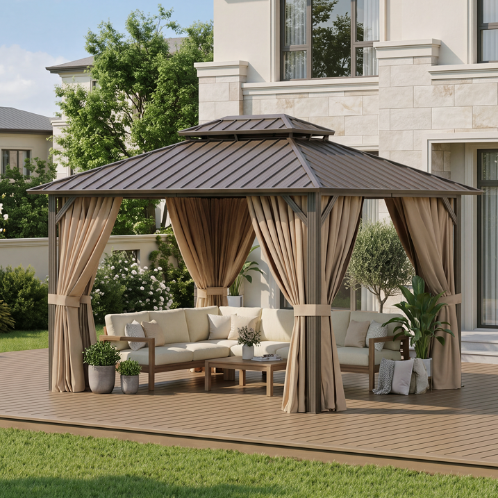 Dateyes 10x10 FT Outdoor Hardtop Gazebo, Aluminum Frame Gazebo with Removable Mesh Walls and Curtains for Patio, Lawns, Brown