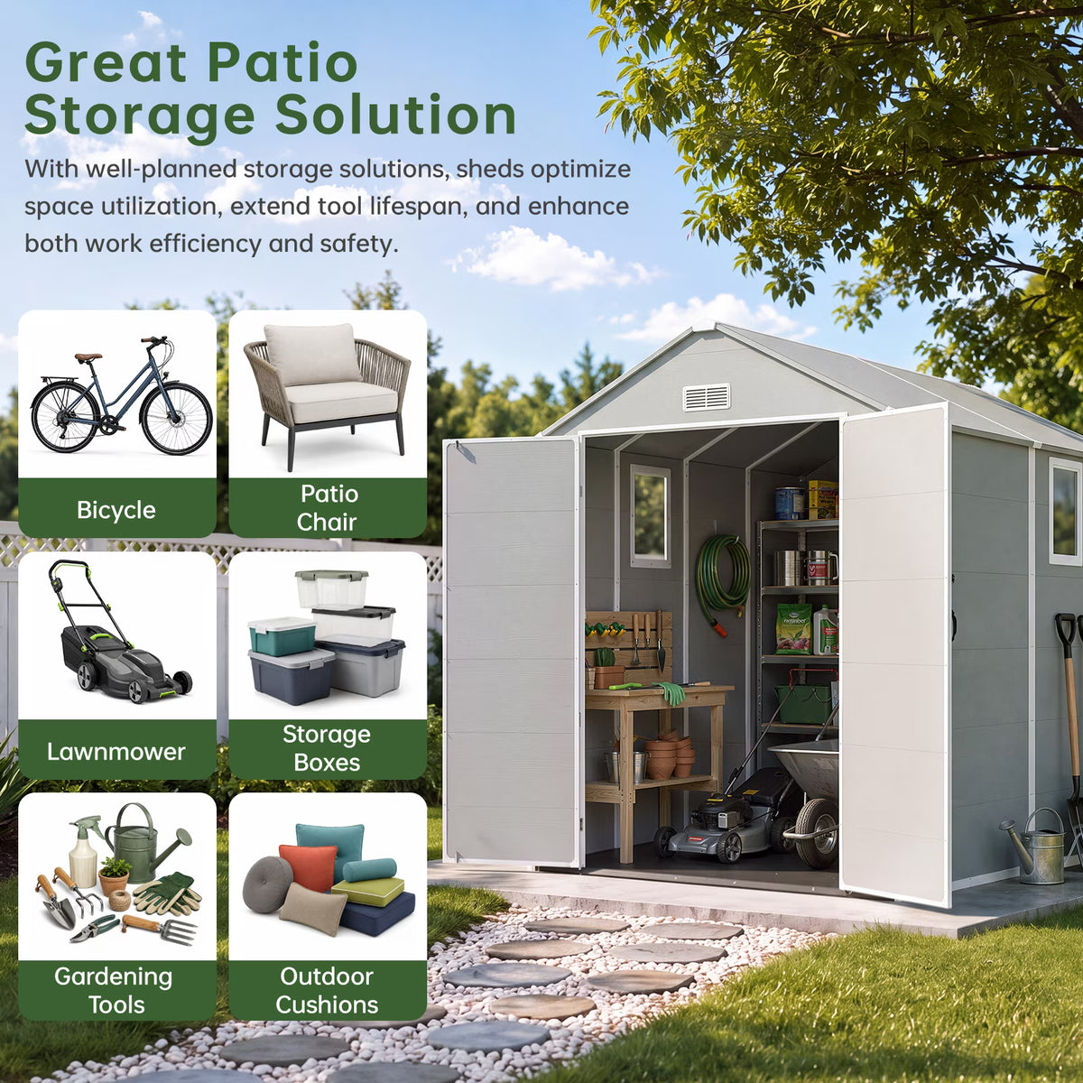 Dateyes 6 x 8 FT Resin Outdoor Storage Shed, Outdoor Sheds with Floor & Window, All-Weather Heavy Duty Plastic Shed for Backyard, Garden, Patio, Gray