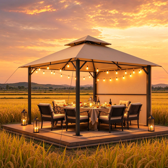 Clouddwell 16' x 11' Beige Soft Top Gazebo — Steel Frame with Extended Shade