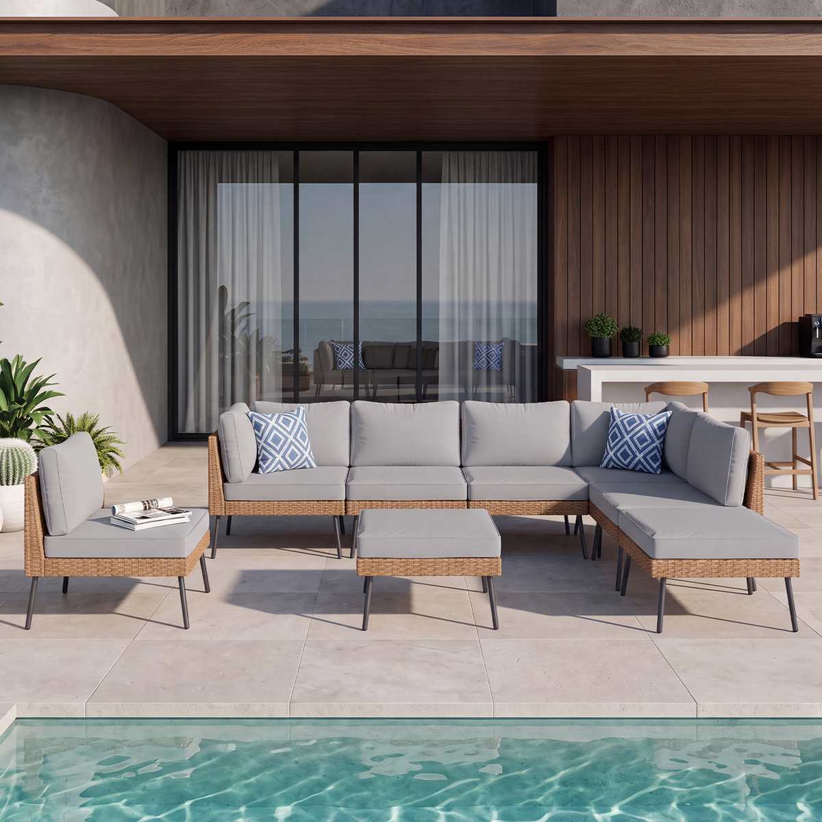 Clouddwell 8-Piece Patio Furniture Set, Wicker Outdoor Furniture with Water Resistant Thick Cushions, Patio Conversation Set Outdoor Sectional Sofa with Coffee Table for Backyard Poolside, Light Gray