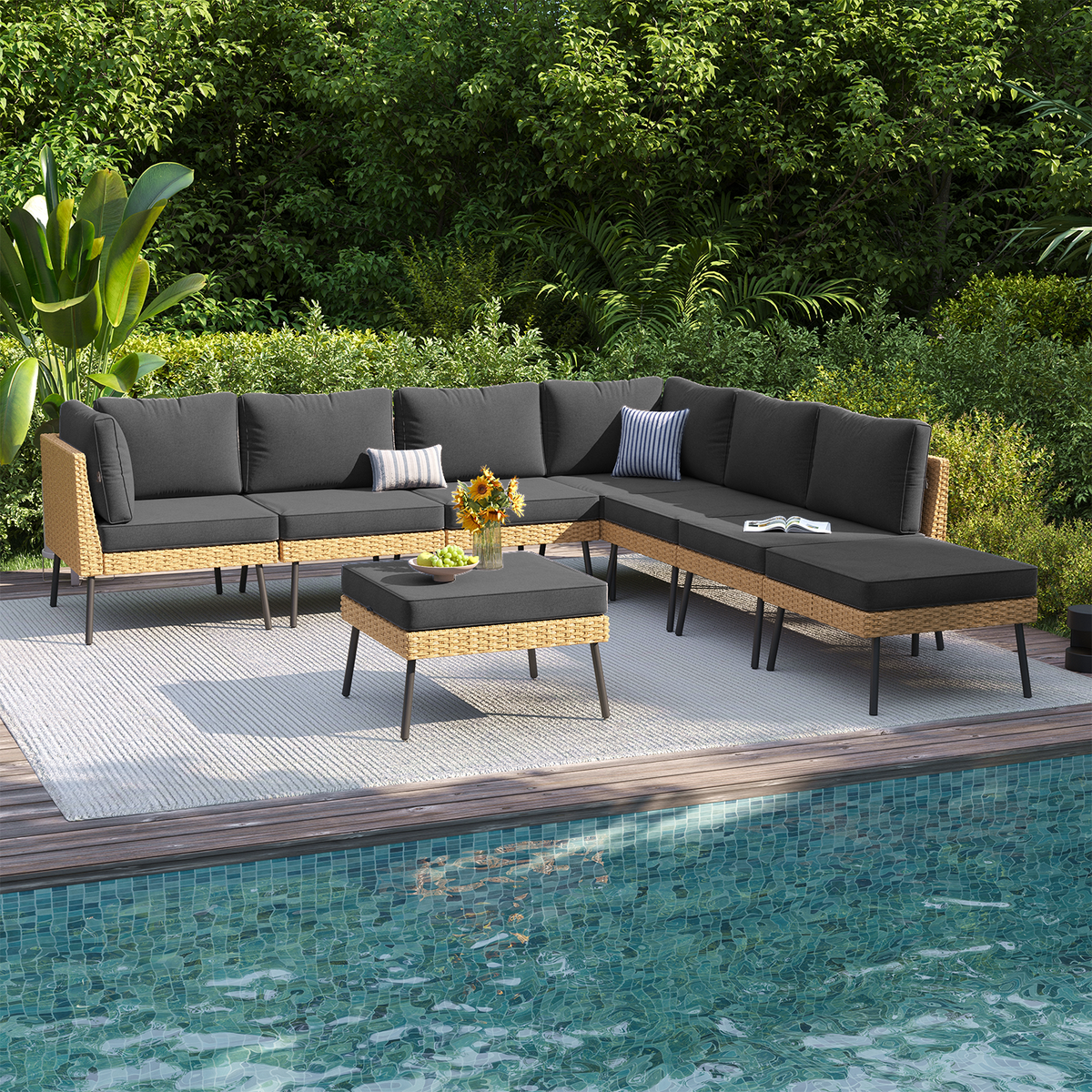 Clouddwell 8-Piece Patio Furniture Set, Wicker Outdoor Furniture with Water Resistant Thick Cushions, Patio Conversation Set Outdoor Sectional Sofa with Coffee Table for Backyard Poolside, Black